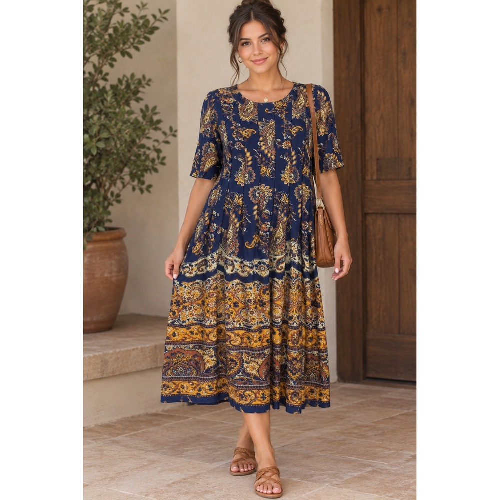 Shelby & Palmer Navy Blue Paisley Floral Pleated Fit & Flare Dress Small